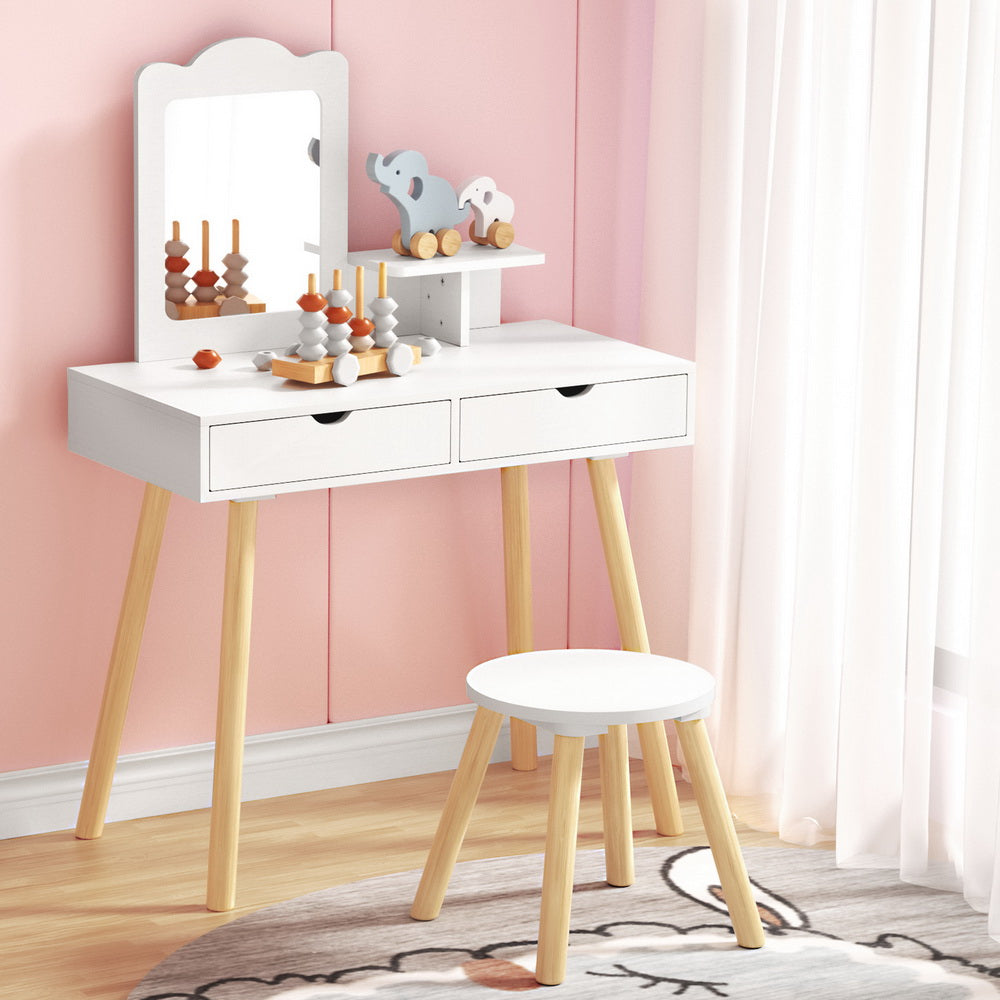 Kids dressing table and stool set with mirror in white
