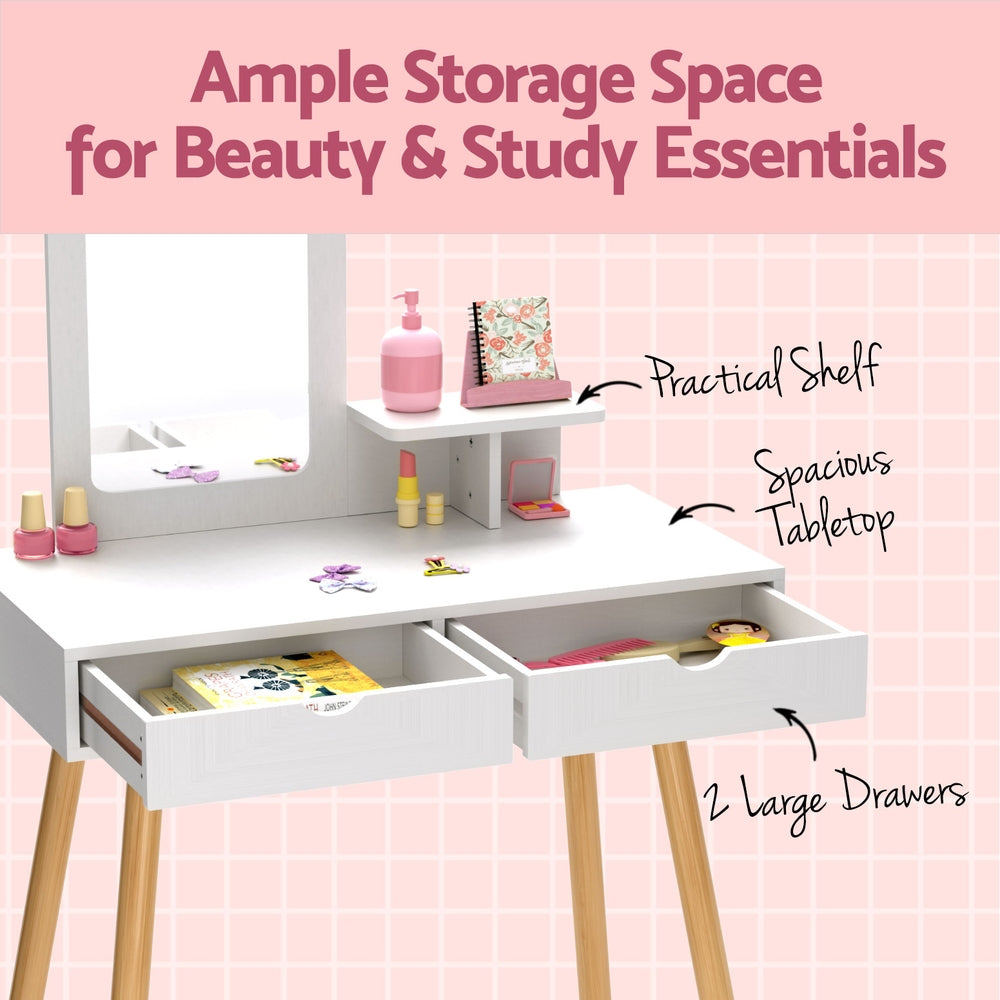 Kids dressing table and stool set with mirror in white