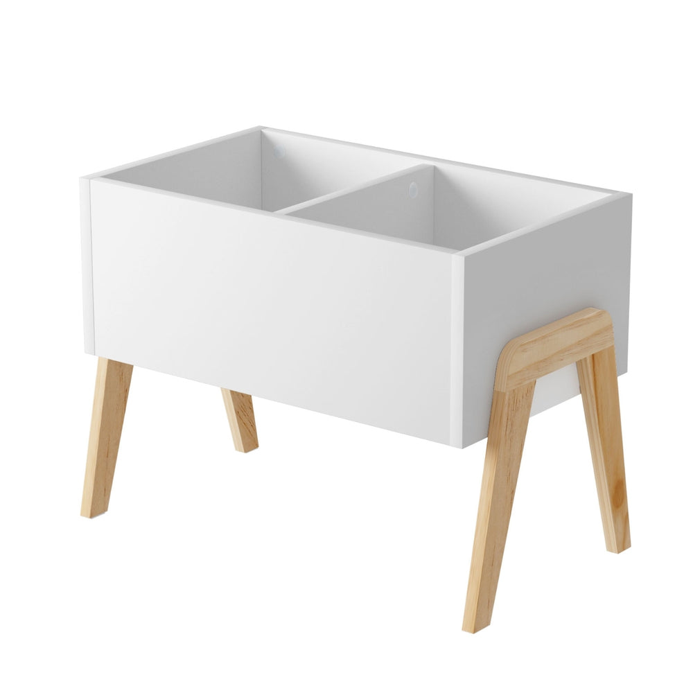 White wooden kids toy box with open shelf storage