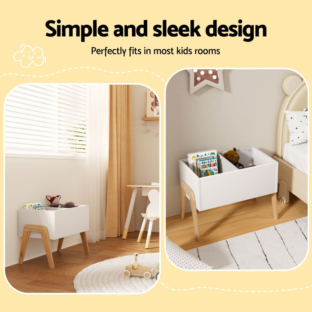 White wooden toy box dimensions view