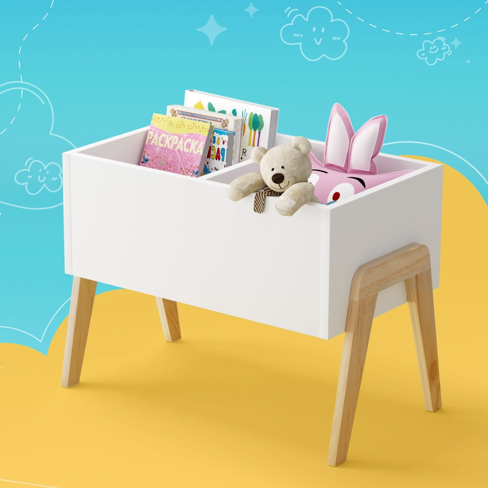 Wooden kids toy storage box in a playroom