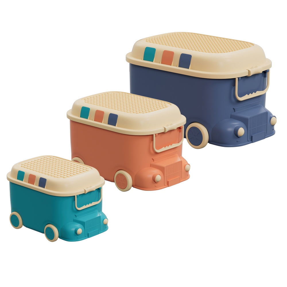 Toy storage box with building block style lid