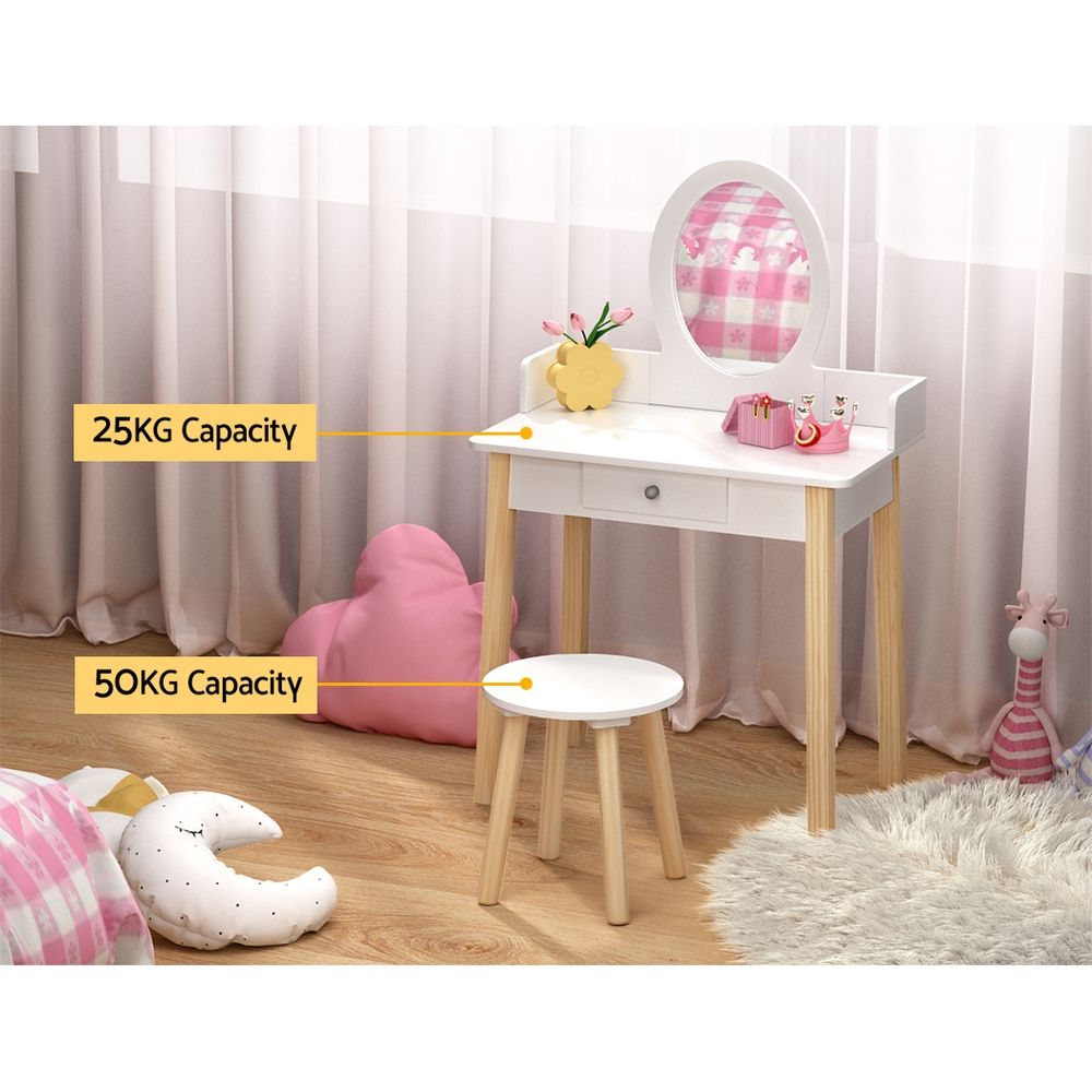 Kids Dressing Table and Stool Set, Wooden Legs, White