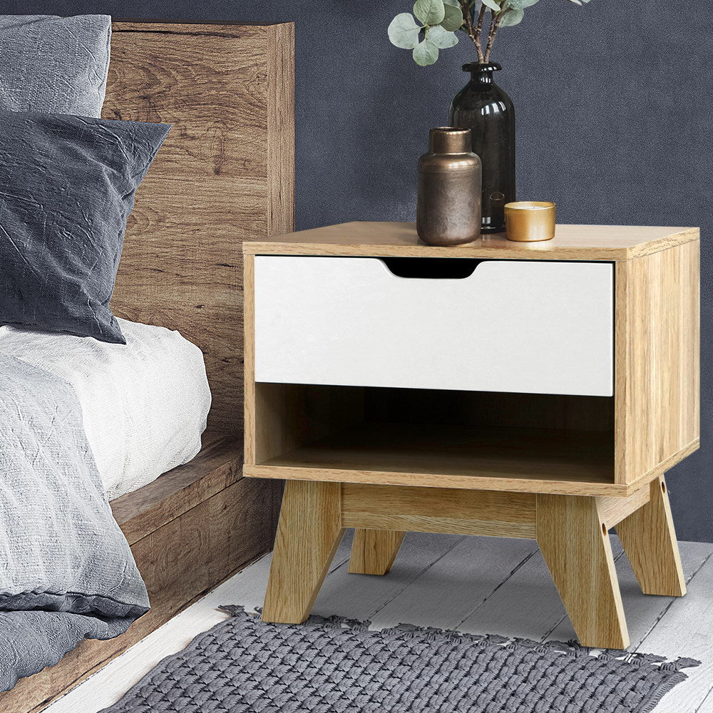 Artiss IKER Bedside Table with 1 Drawer and Shelf — White and Oak — Allure Home Collections