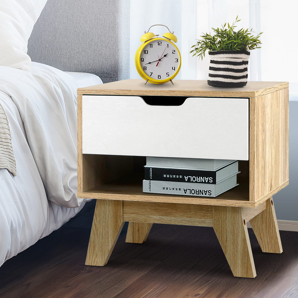 Artiss IKER Bedside Table with 1 Drawer and Shelf — White and Oak — Allure Home Collections