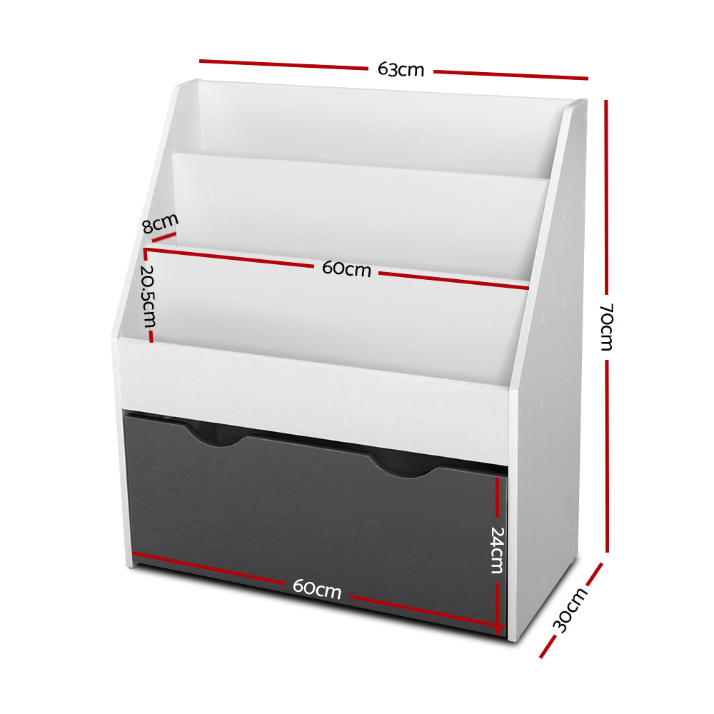 Kids Bookshelf with Storage Box, 3 Tier White and Grey
