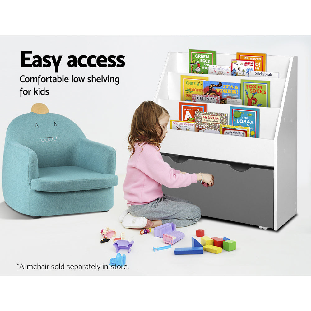 Kids Bookshelf with Storage Box, 3 Tier White and Grey