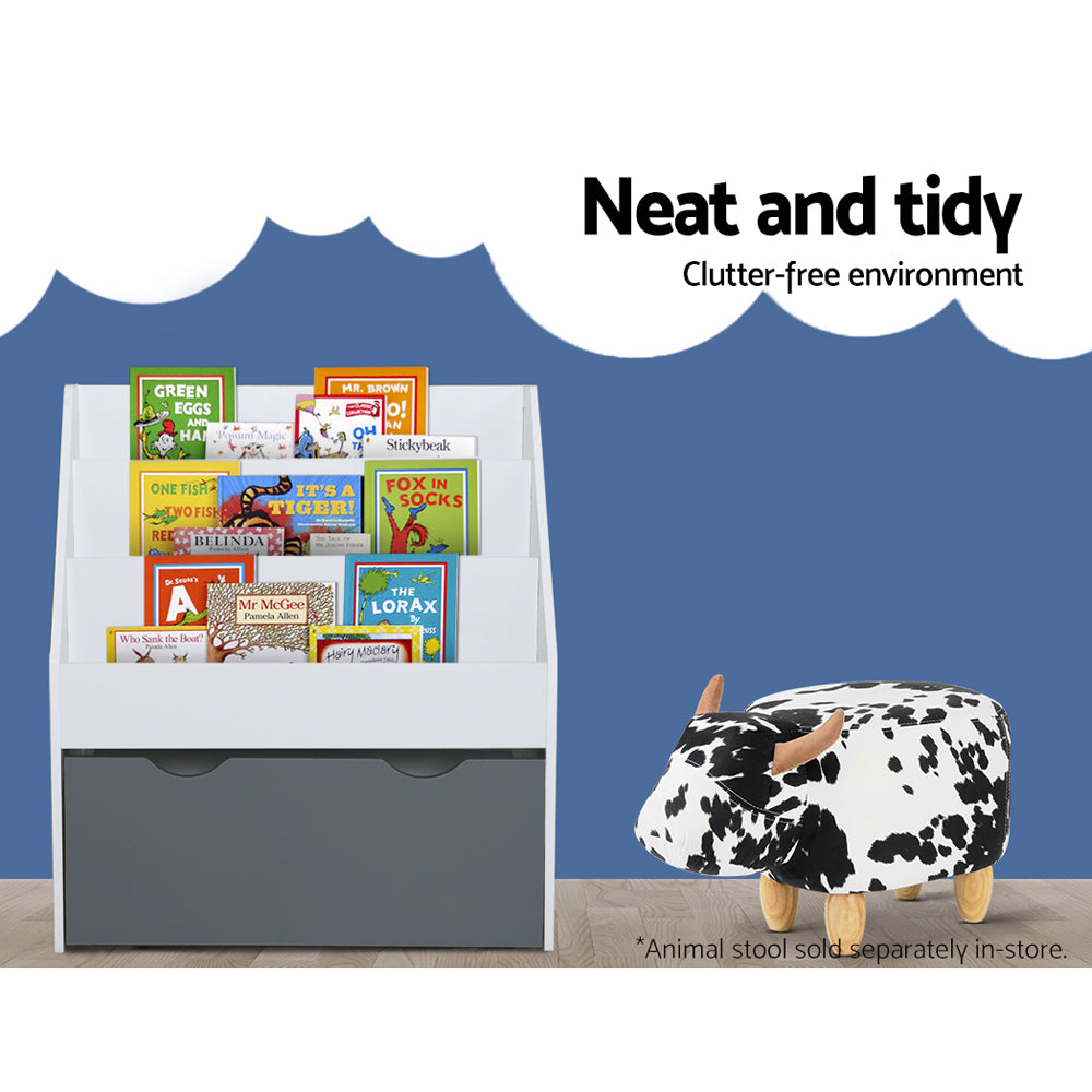 Kids Bookshelf with Storage Box, 3 Tier White and Grey
