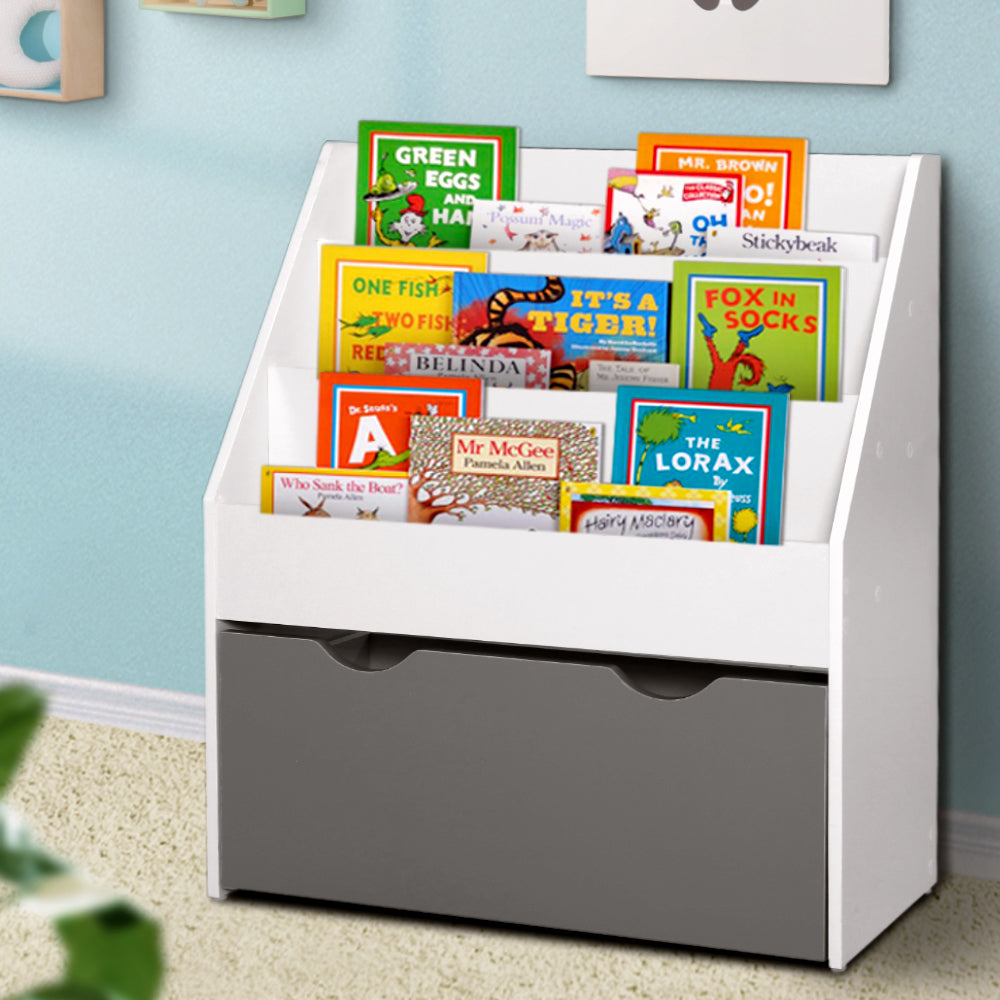Kids Bookshelf with Storage Box, 3 Tier White and Grey