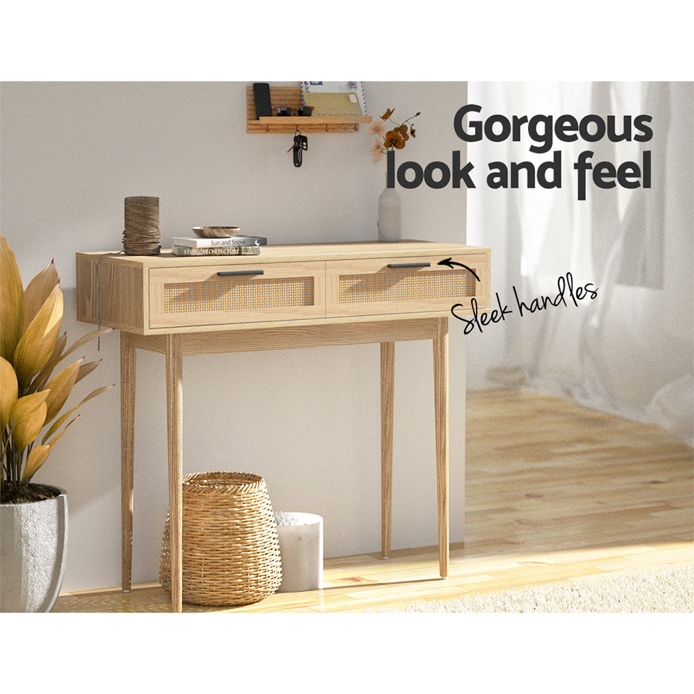 Artiss Console Table with 2 Rattan Drawers — Eucalyptus Legs, 15mm Particle Board — Allure Home Collections