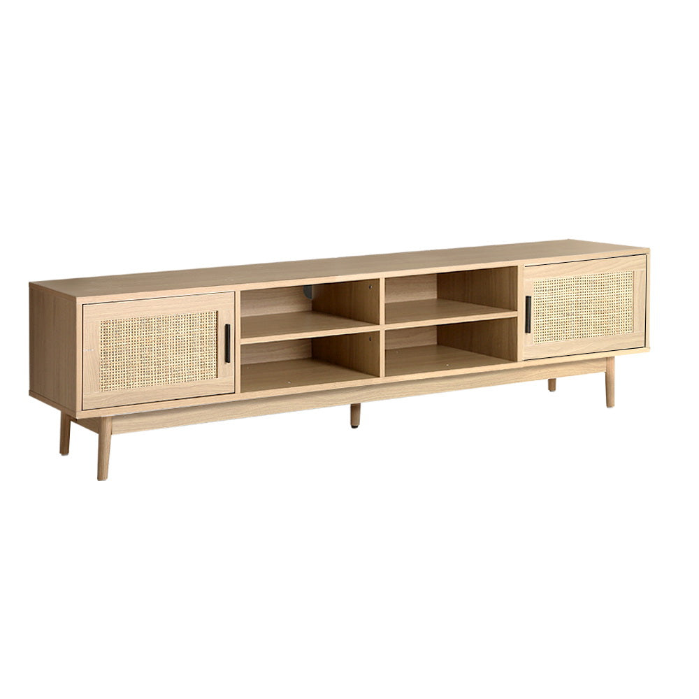 Evandale 180cm natural rattan entertainment unit with cabinets and open shelves in a coastal living room