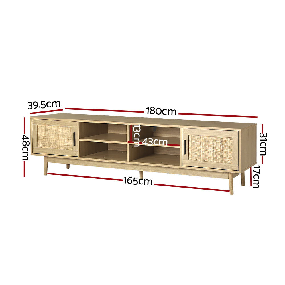 Evandale 180cm natural rattan entertainment unit with cabinets and open shelves in a coastal living room