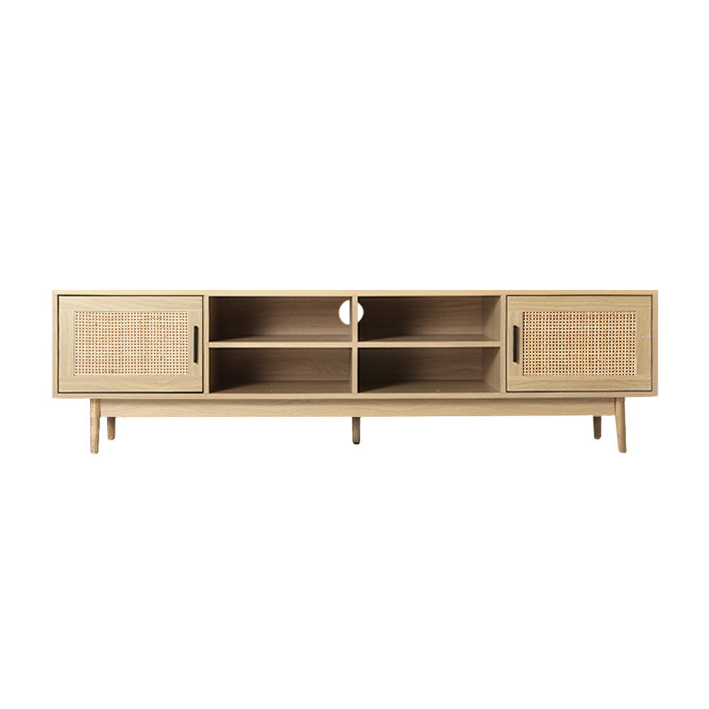 Evandale 180cm natural rattan entertainment unit with cabinets and open shelves in a coastal living room