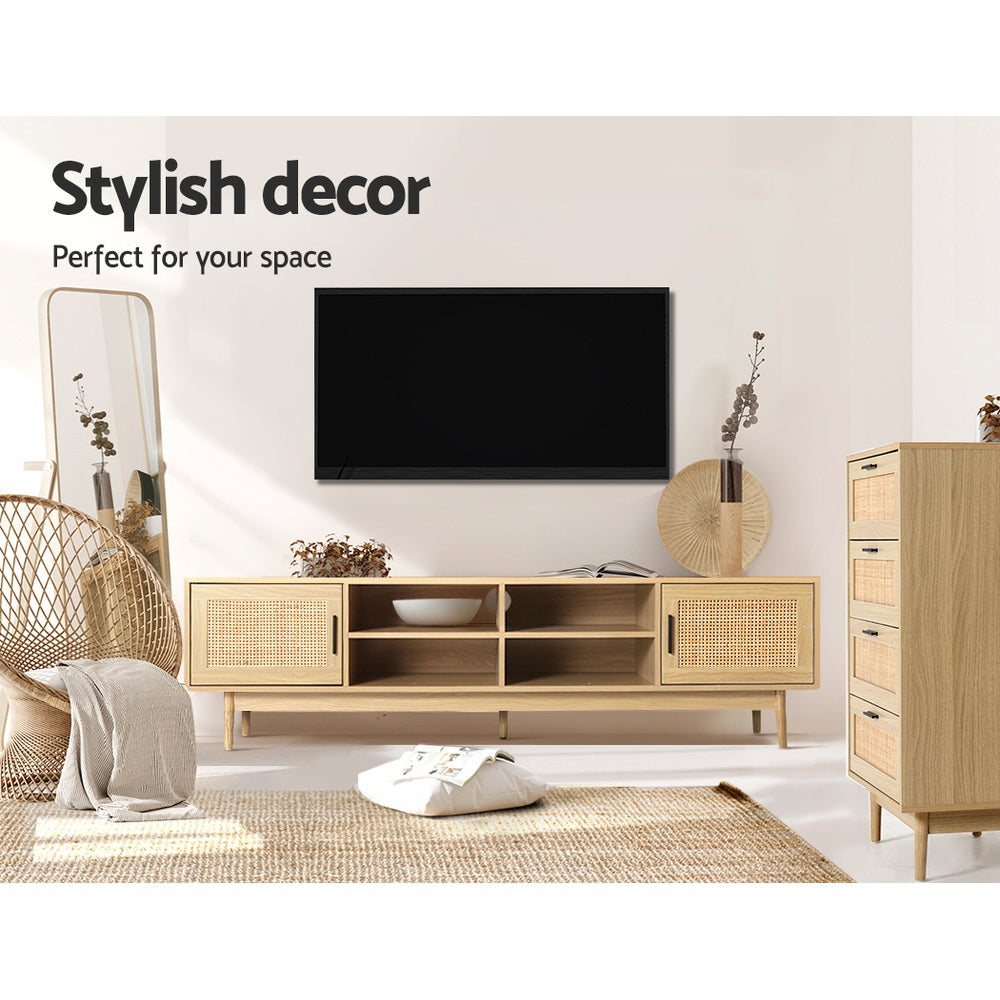 Evandale 180cm natural rattan entertainment unit with cabinets and open shelves in a coastal living room