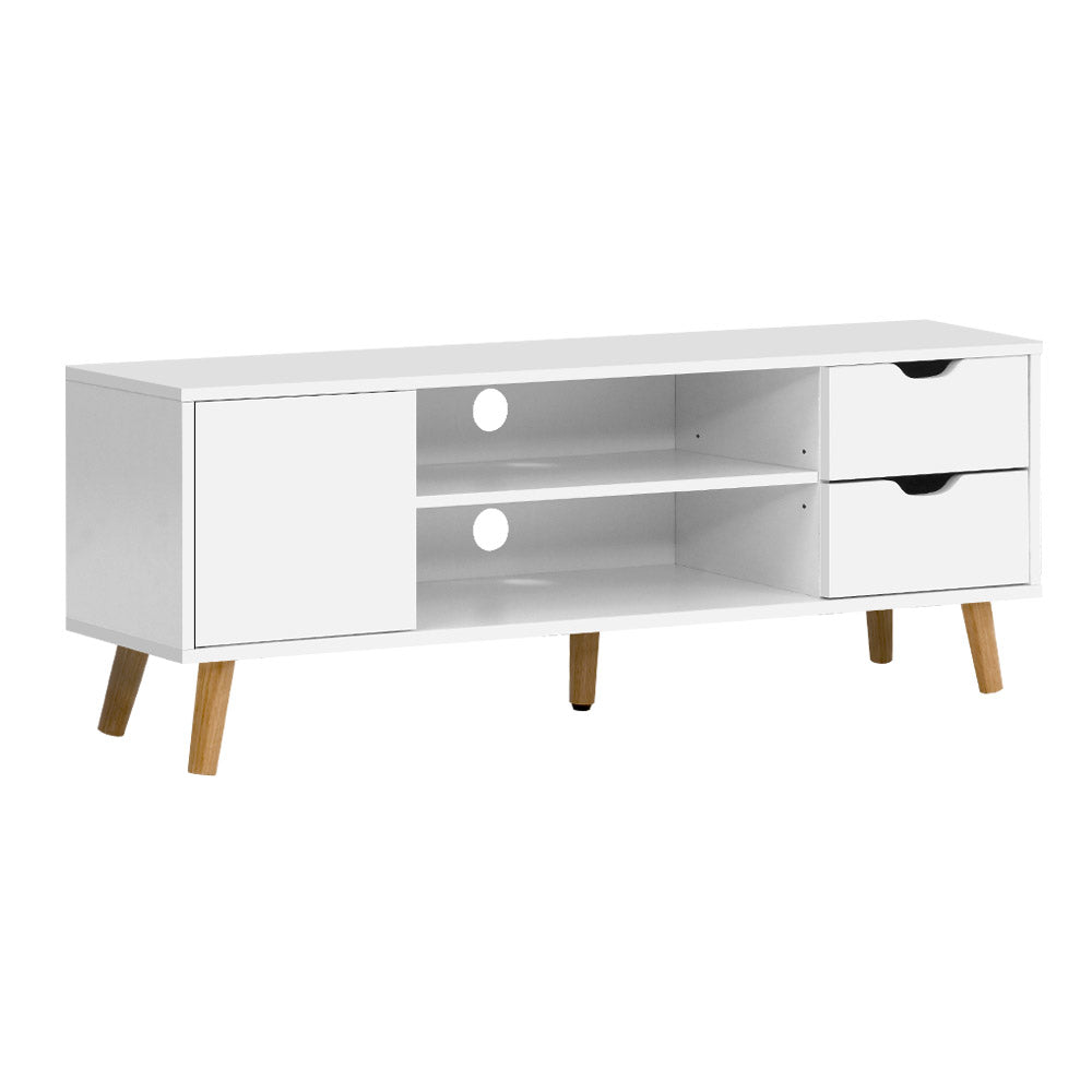 Campbell Town 120cm white and natural Scandinavian entertainment unit with splayed pine legs in a living room