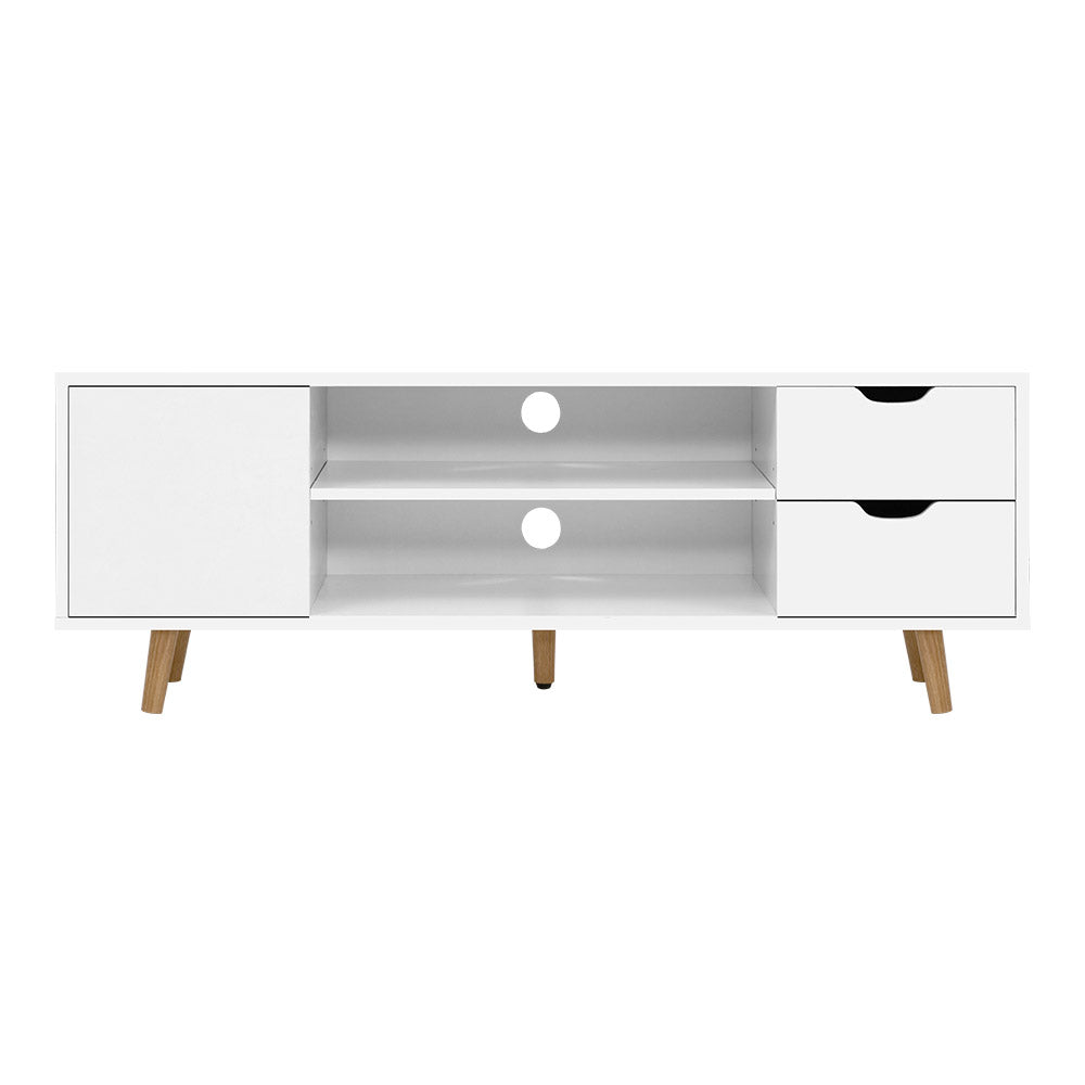 Campbell Town 120cm white and natural Scandinavian entertainment unit with splayed pine legs in a living room