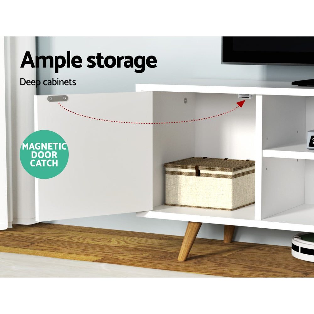 Campbell Town 120cm white and natural Scandinavian entertainment unit with splayed pine legs in a living room