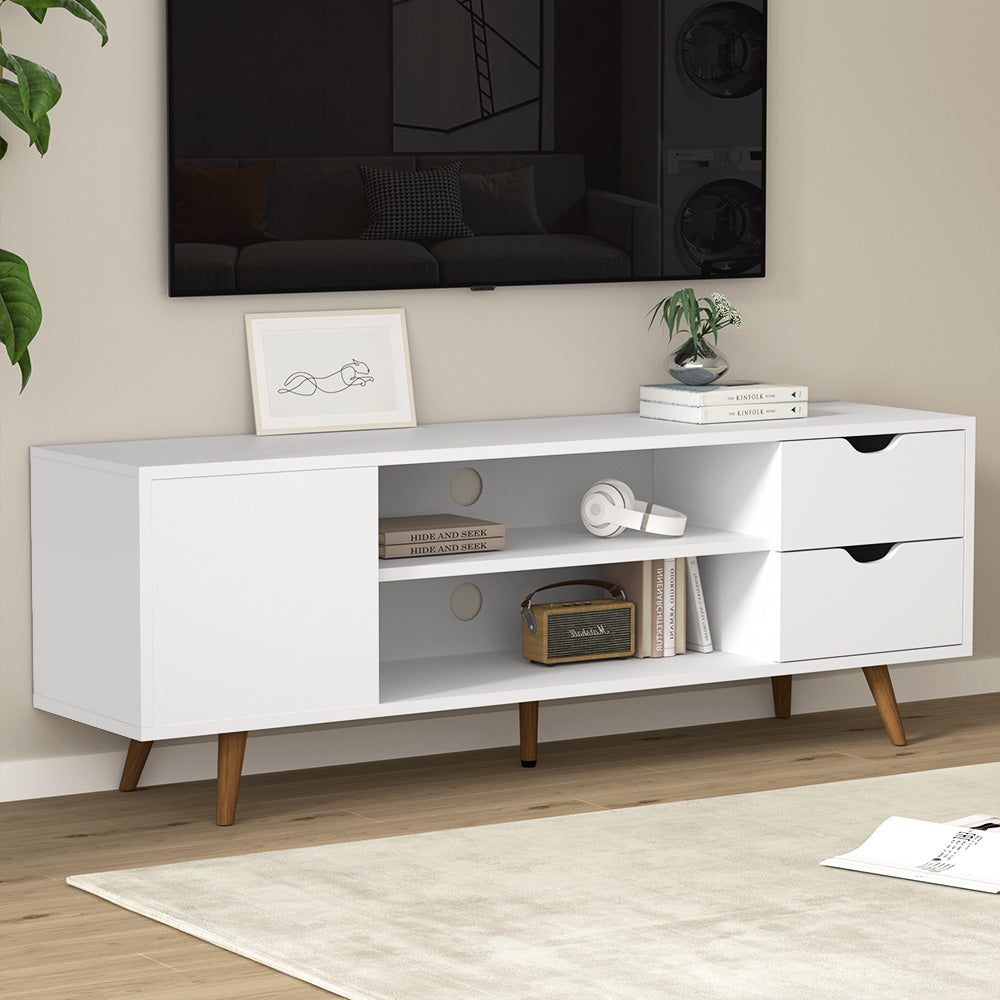 Campbell Town 120cm white and natural Scandinavian entertainment unit with splayed pine legs in a living room