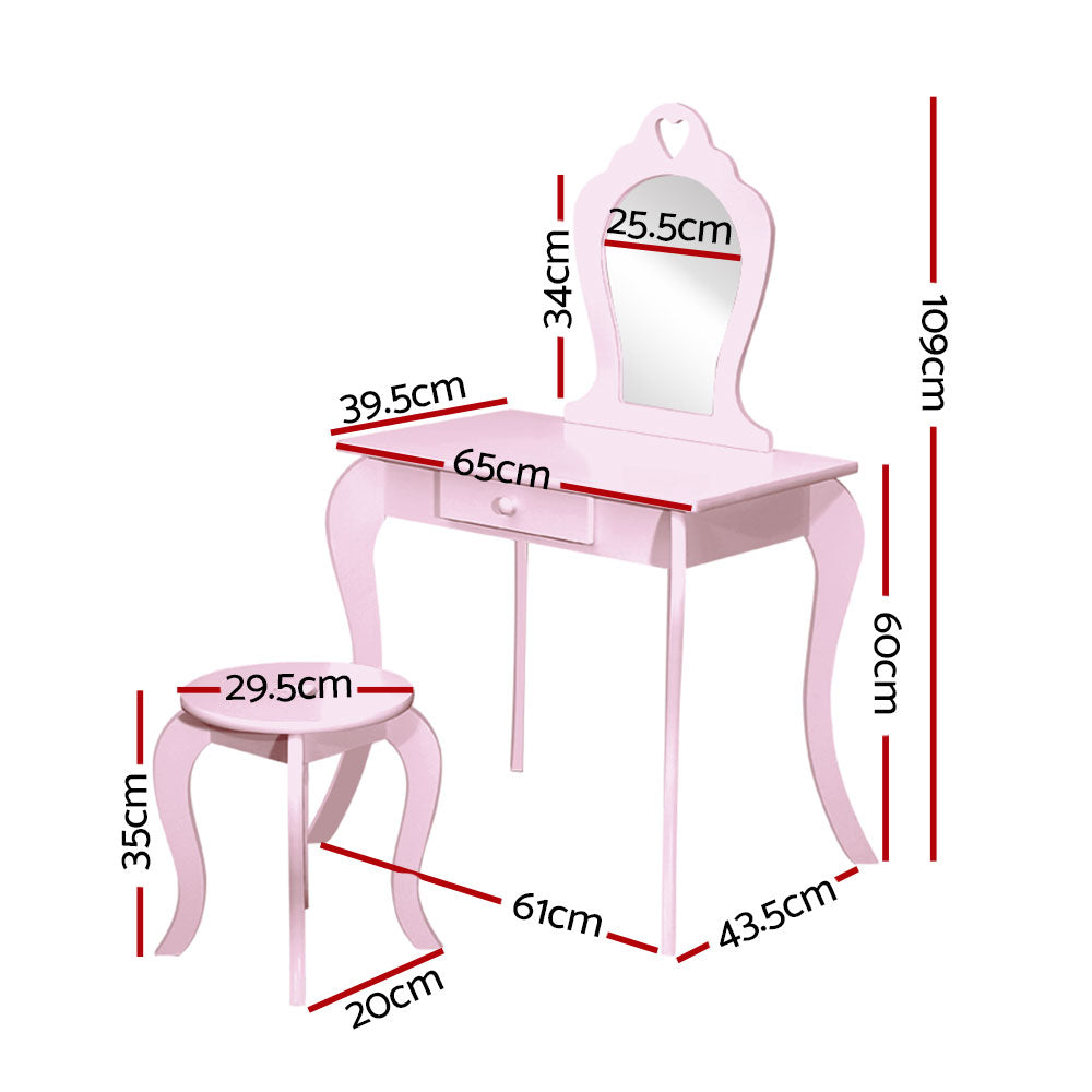 Kids Dressing Table and Stool Set, Heart Design, Pink