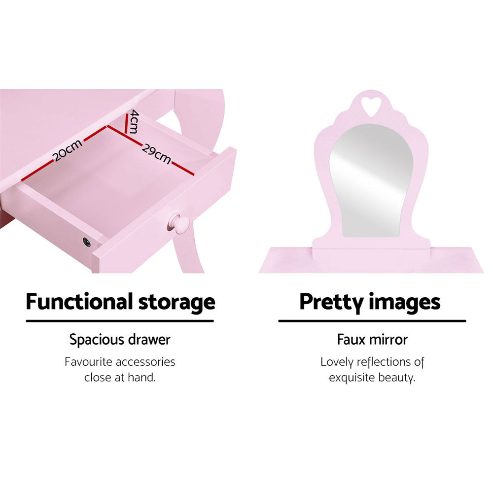 Kids Dressing Table and Stool Set, Heart Design, Pink