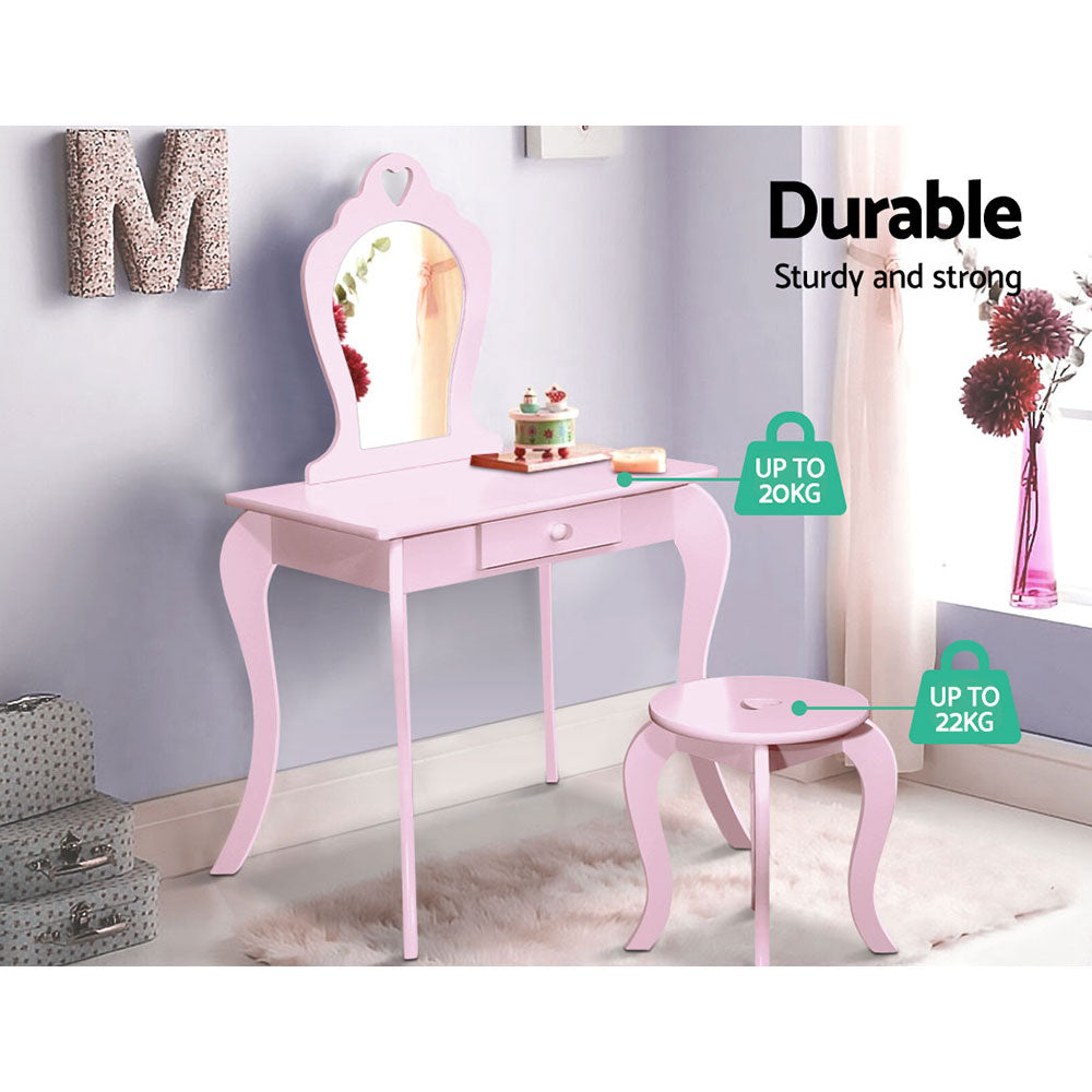 Kids Dressing Table and Stool Set, Heart Design, Pink
