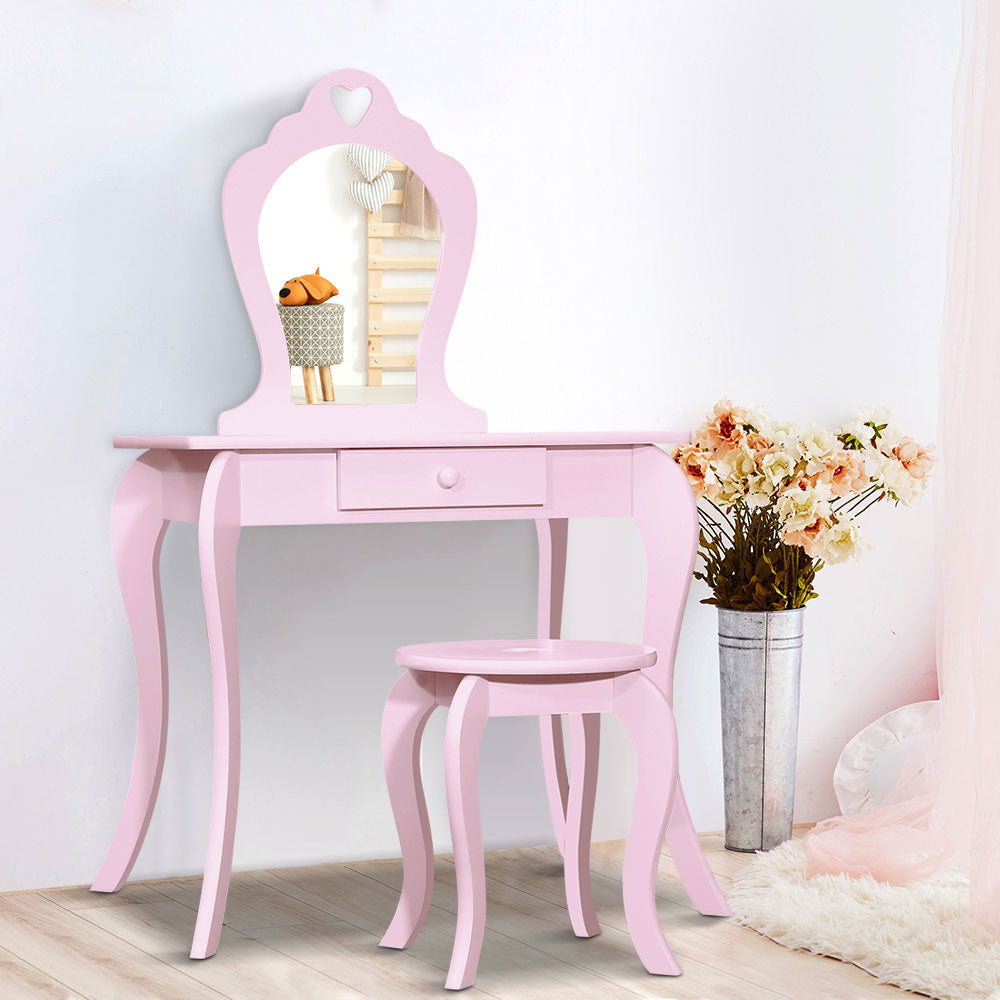 Kids Dressing Table and Stool Set, Heart Design, Pink