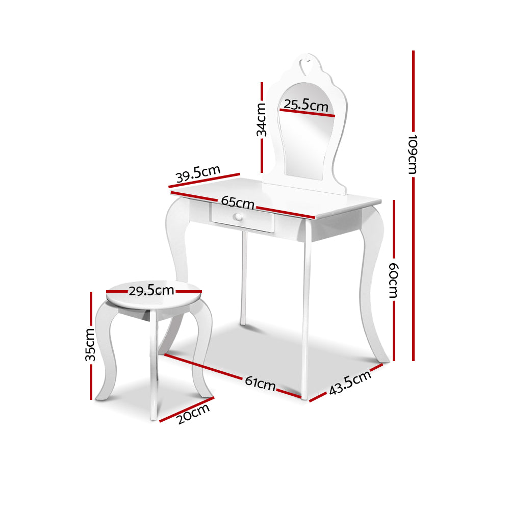 Kids Dressing Table and Stool Set, Heart Design, White