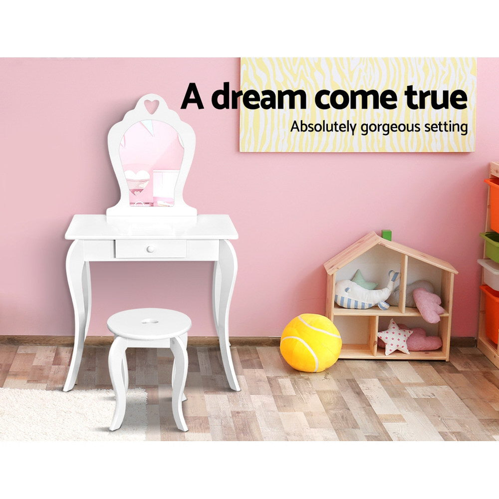 Kids Dressing Table and Stool Set, Heart Design, White