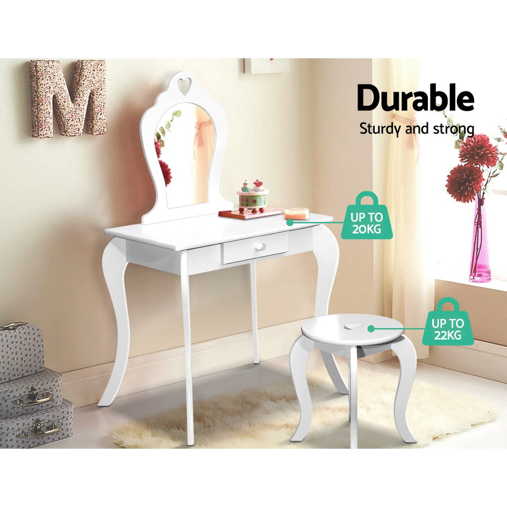 Kids Dressing Table and Stool Set, Heart Design, White