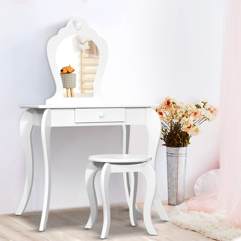 Kids Dressing Table and Stool Set, Heart Design, White