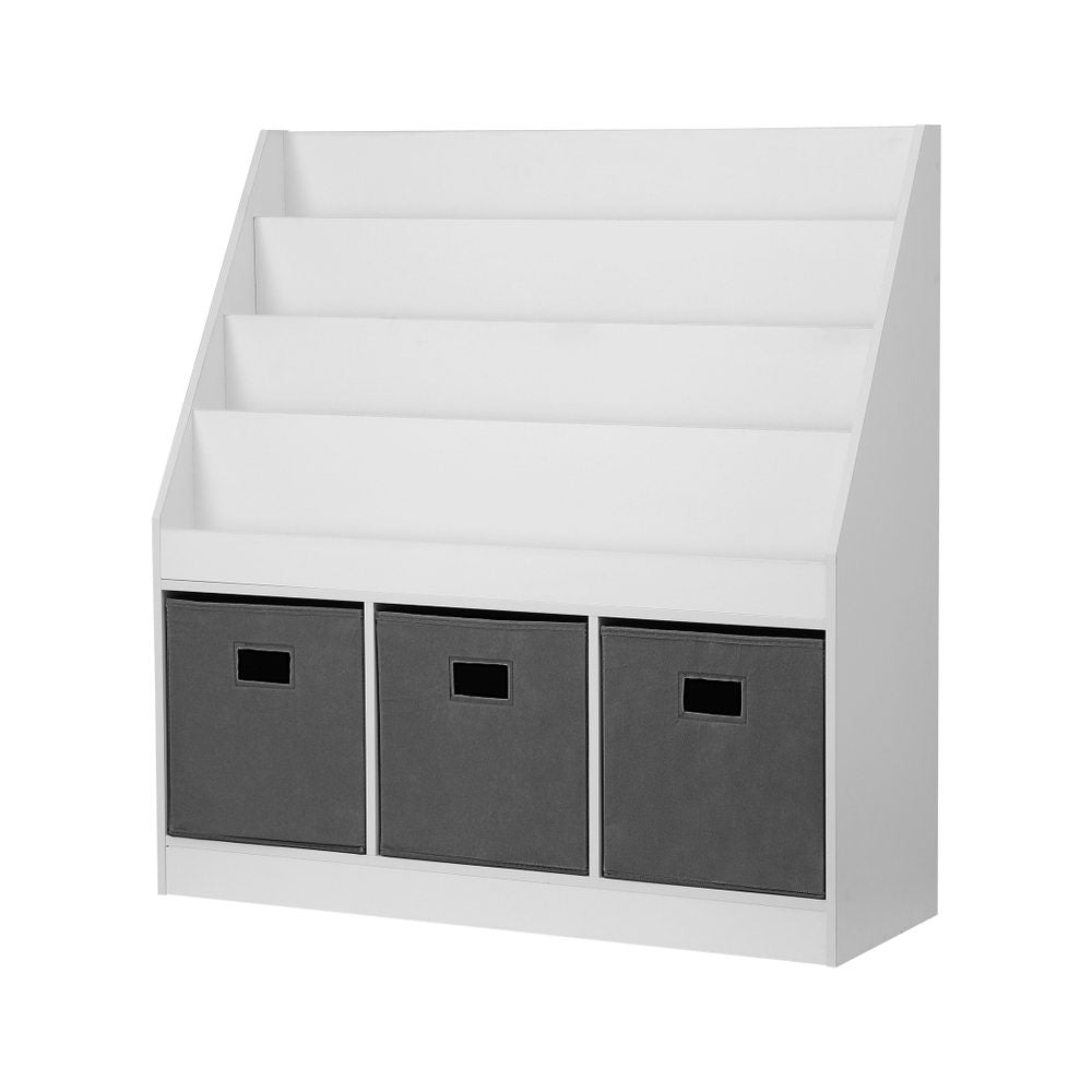 White and grey 4 tier kids bookshelf with three non woven storage bins
