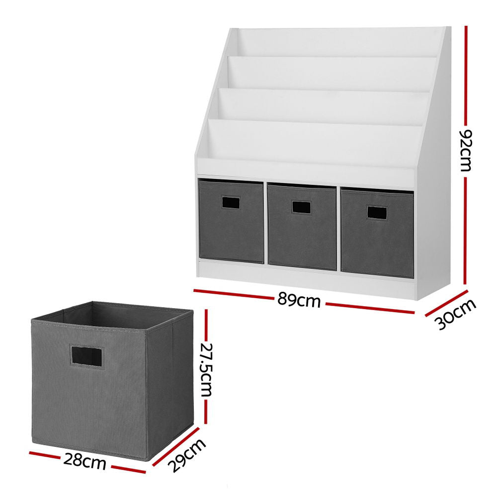 White and grey 4 tier kids bookshelf with three non woven storage bins