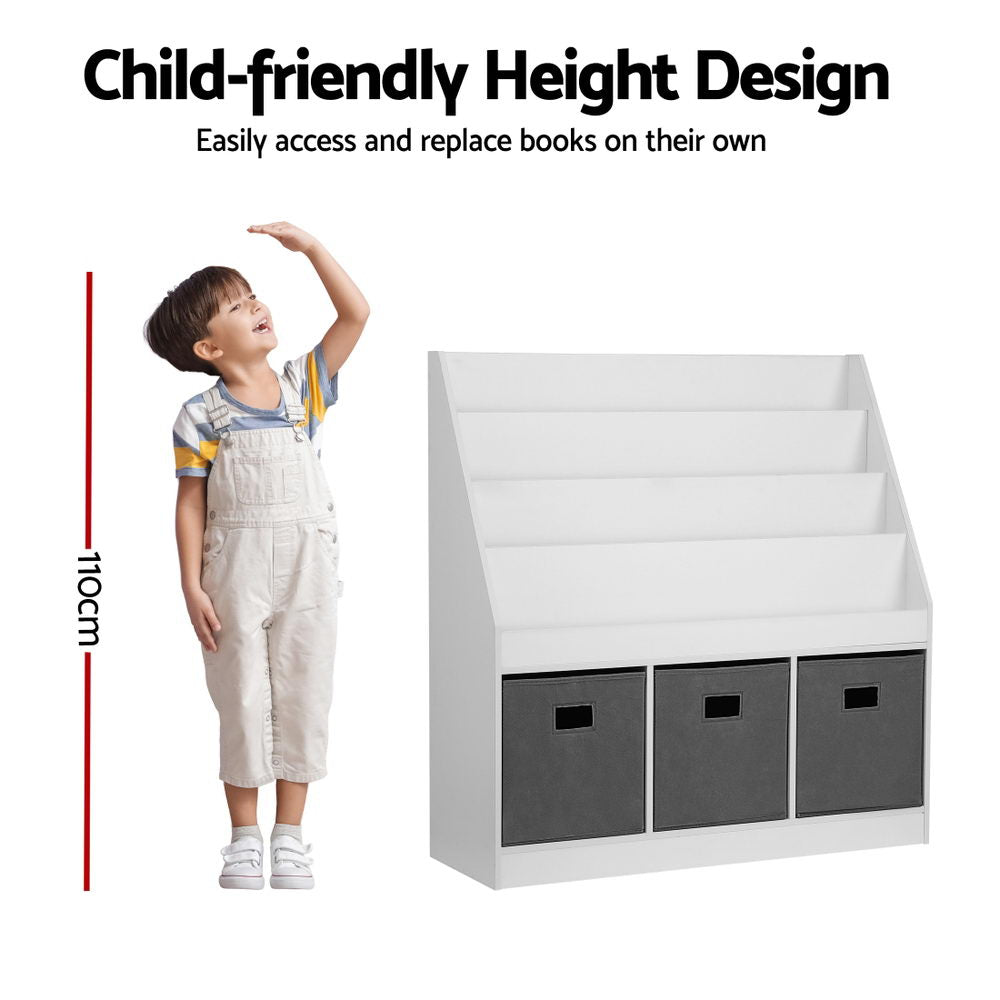 White and grey 4 tier kids bookshelf with three non woven storage bins
