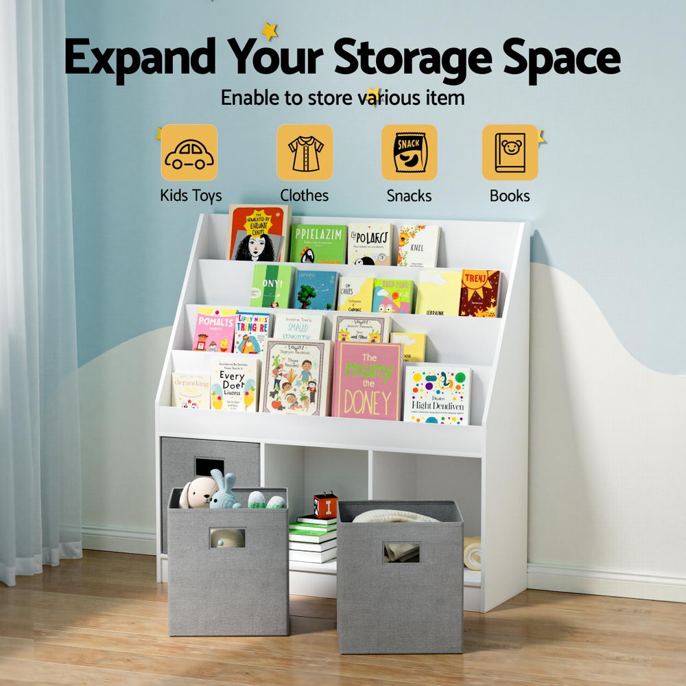 White and grey 4 tier kids bookshelf with three non woven storage bins