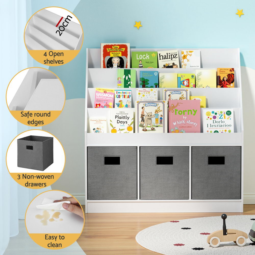 White and grey 4 tier kids bookshelf with three non woven storage bins