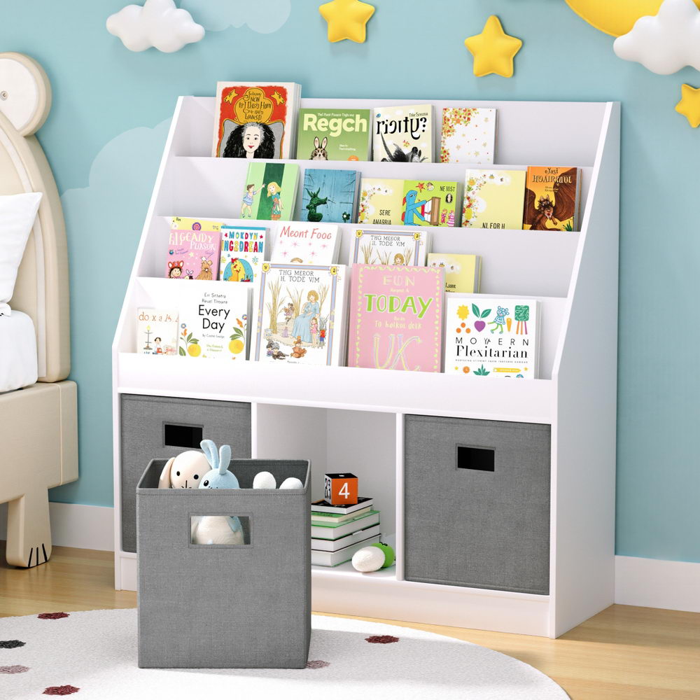 White and grey 4 tier kids bookshelf with three non woven storage bins