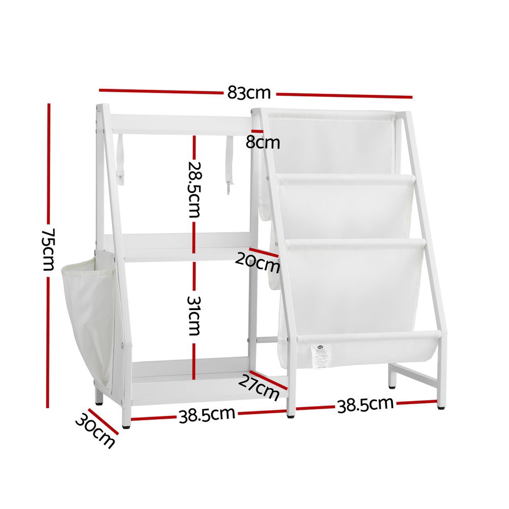 Kids Bookshelf with Sling Book Racks, 3 Tier White