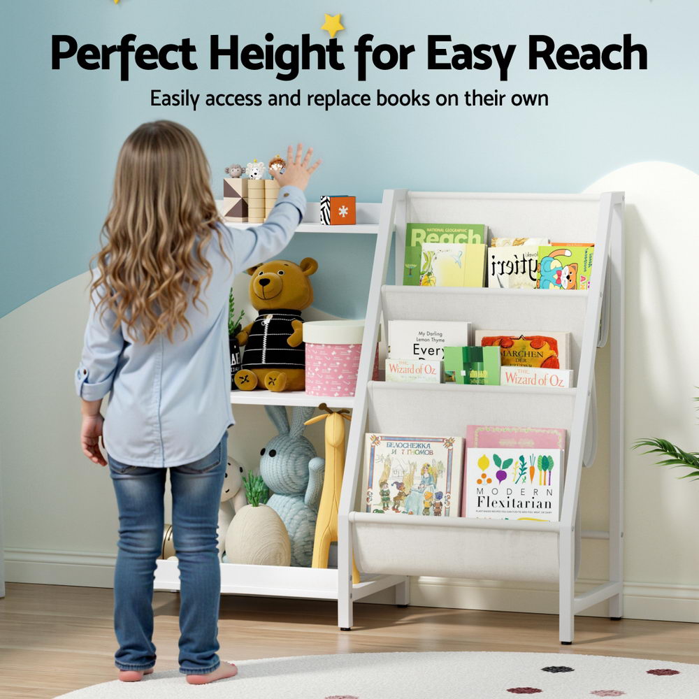 Kids Bookshelf with Sling Book Racks, 3 Tier White