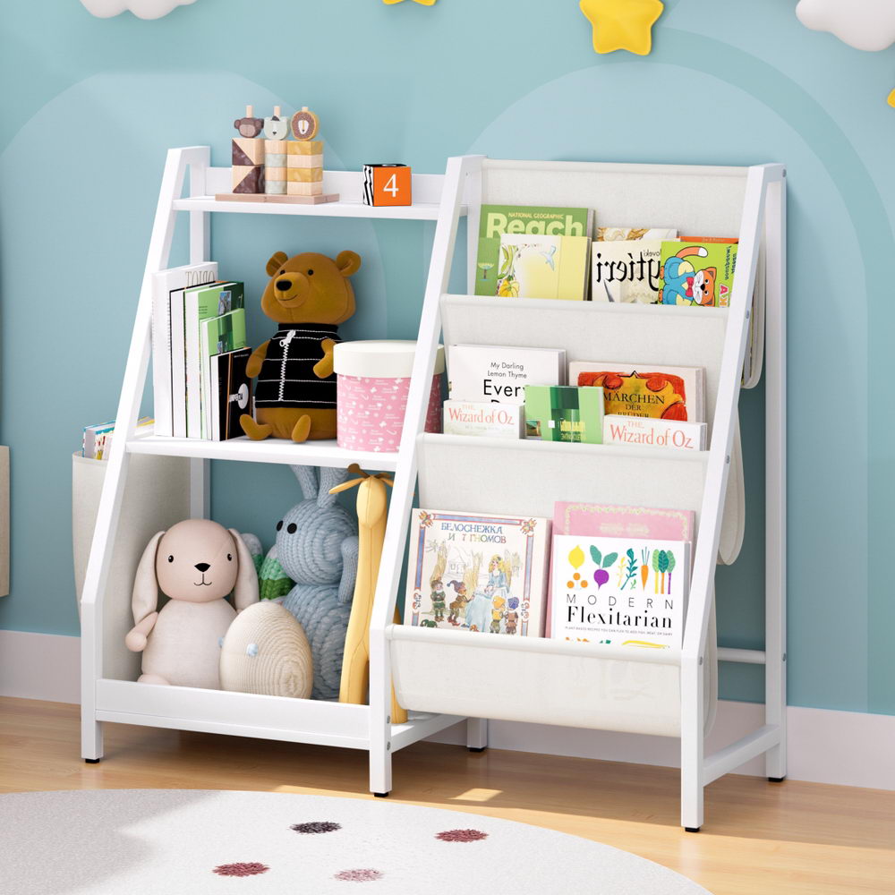 Kids Bookshelf with Sling Book Racks, 3 Tier White