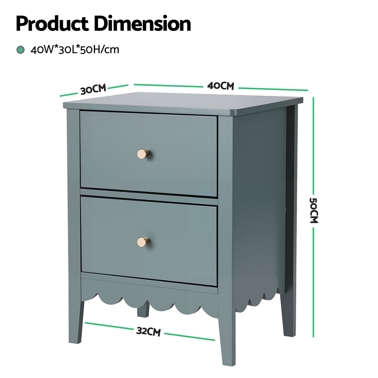 Casuarina 2 Drawer Bedside Table, Green