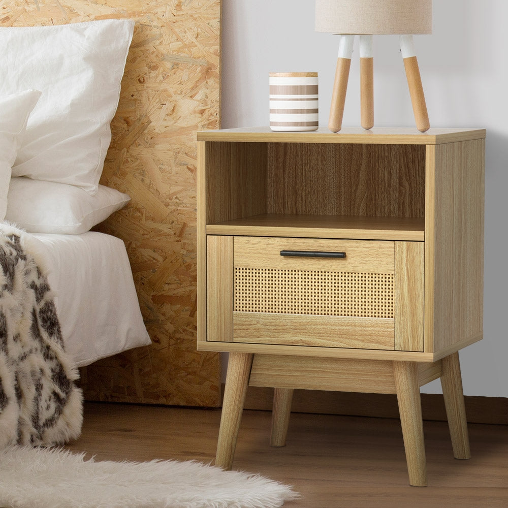 Tuncester Rattan Bedside Table with Drawer and Shelf, Oak
