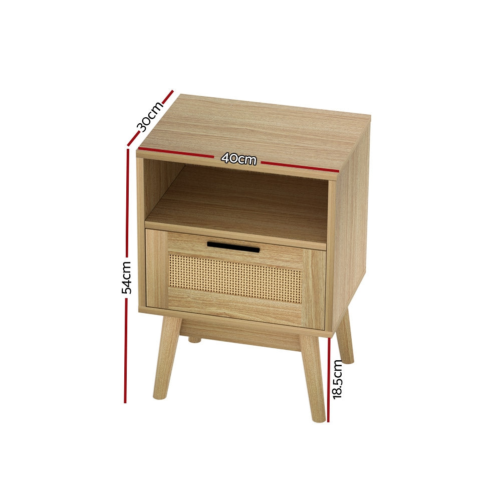 Tuncester Rattan Bedside Table with Drawer and Shelf, Oak