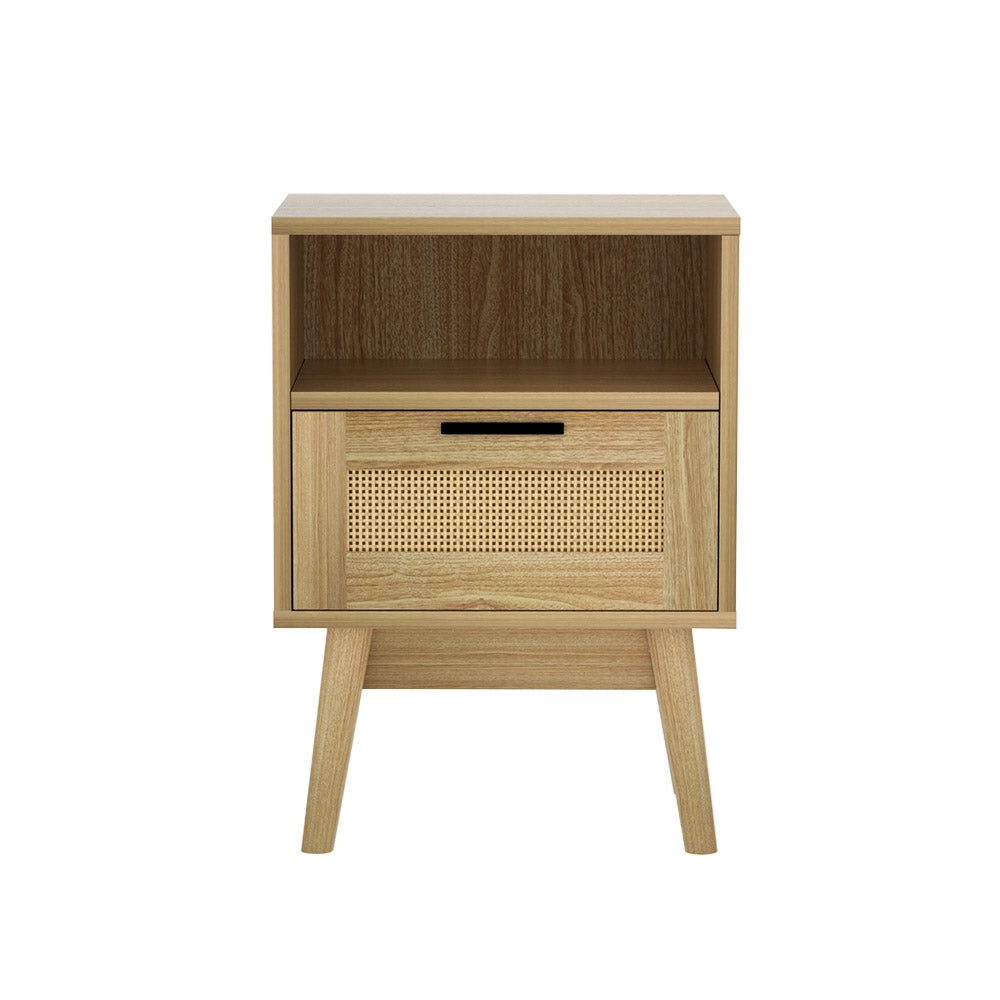 Tuncester Rattan Bedside Table with Drawer and Shelf, Oak