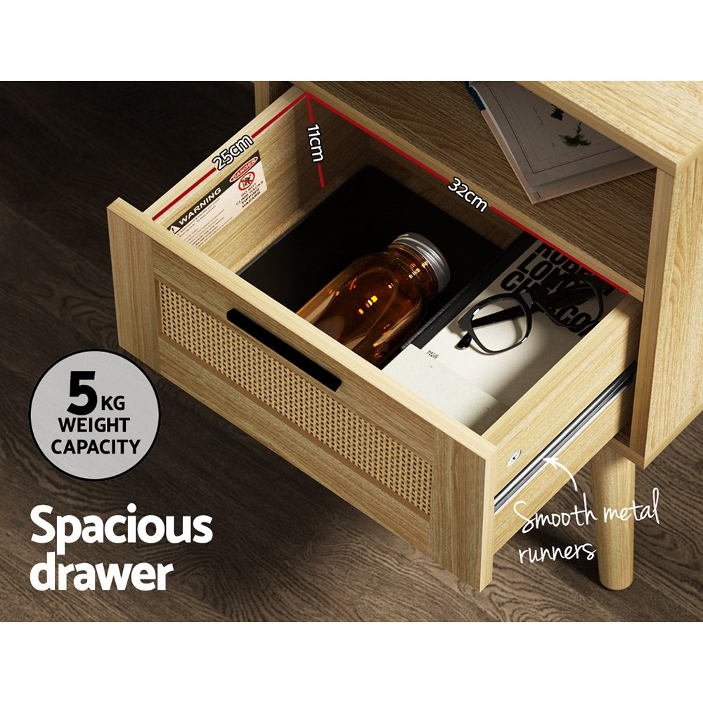 Artiss REI Rattan Bedside Table with 1 Drawer and Open Shelf in Oak — Allure Home Collections