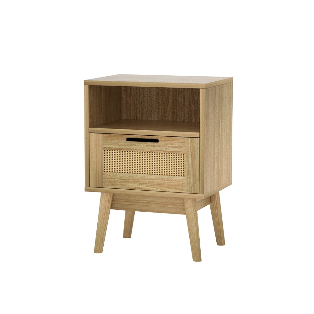 Tuncester Rattan Bedside Table with Drawer and Shelf, Oak