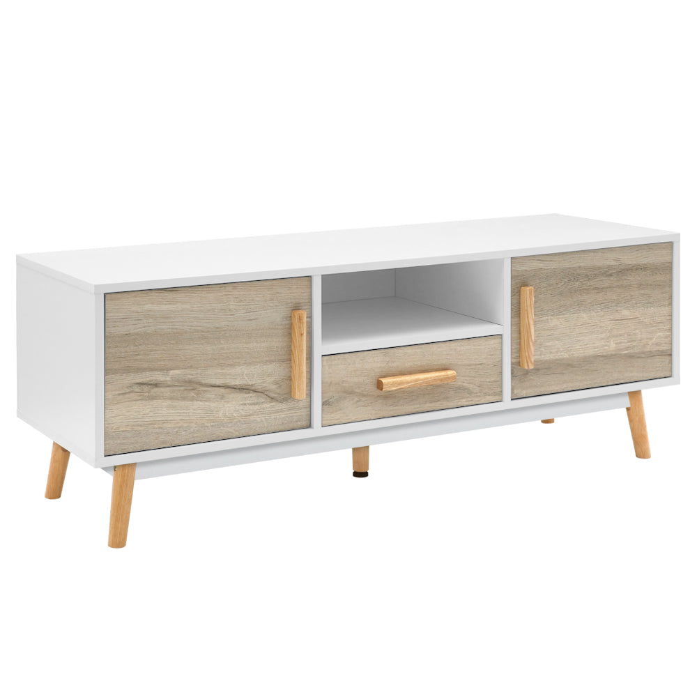Perth 120cm white and wood Scandinavian TV cabinet with splayed legs in a modern living room
