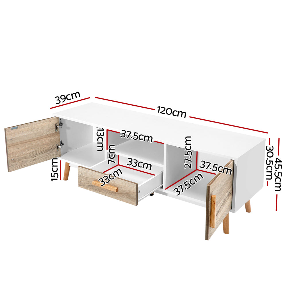 Perth 120cm white and wood Scandinavian TV cabinet with splayed legs in a modern living room
