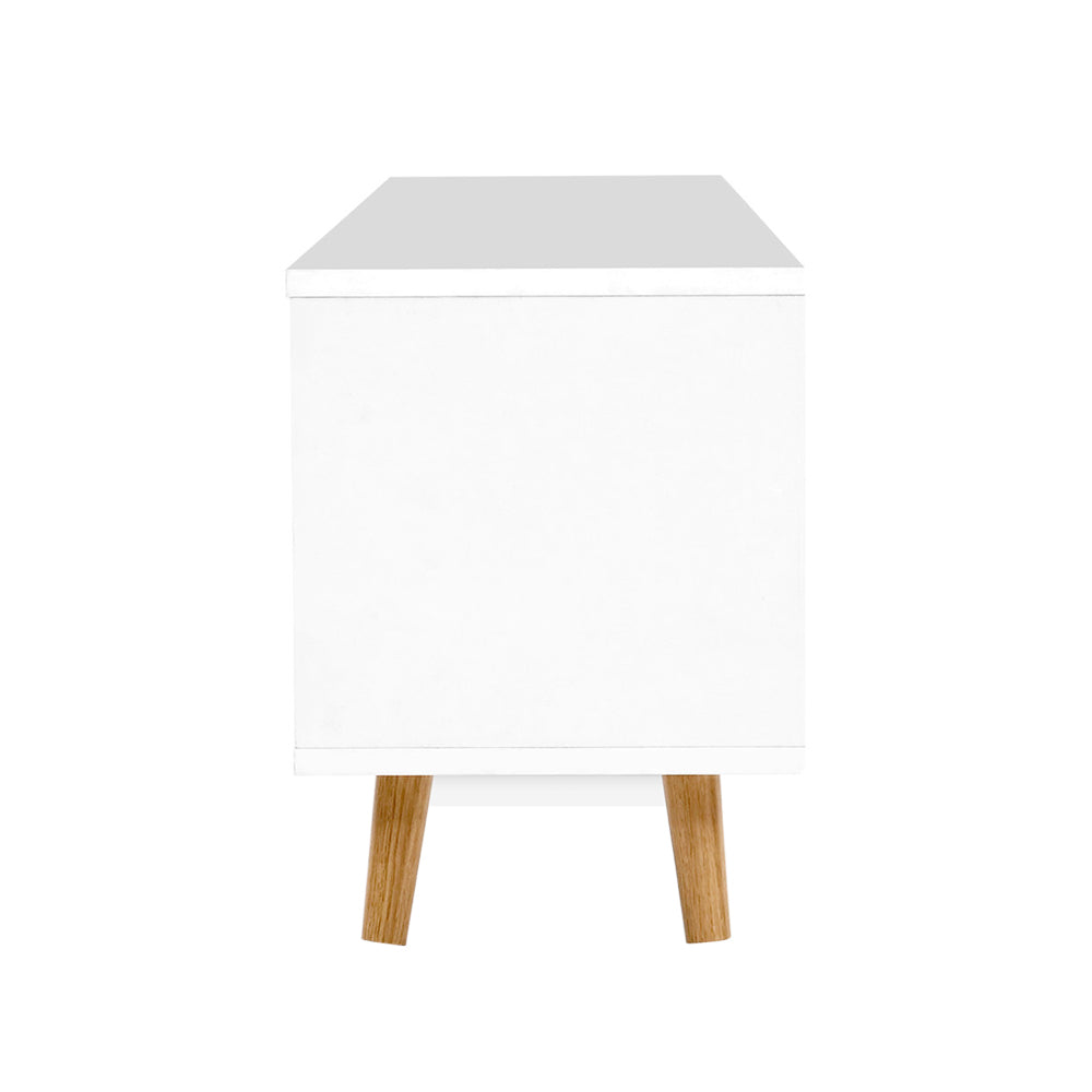 Perth 120cm white and wood Scandinavian TV cabinet with splayed legs in a modern living room