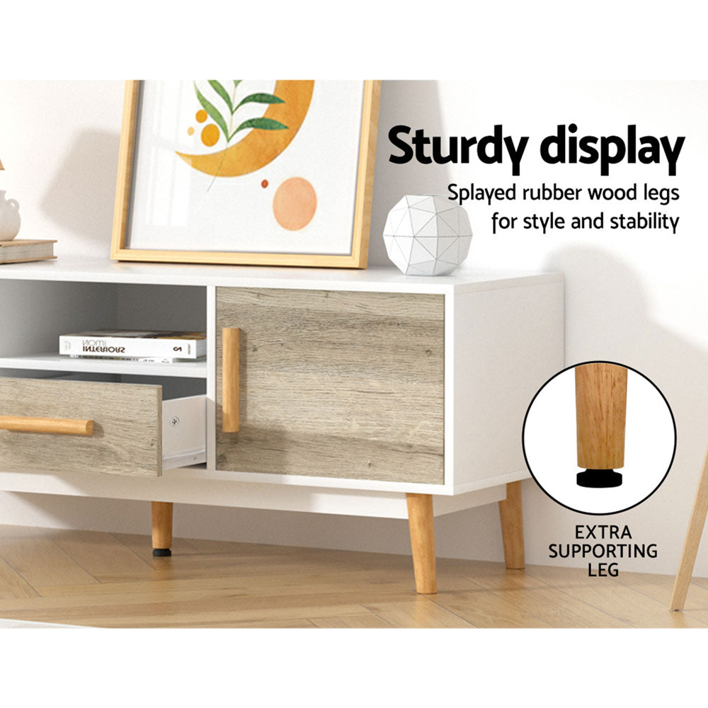Perth 120cm white and wood Scandinavian TV cabinet with splayed legs in a modern living room