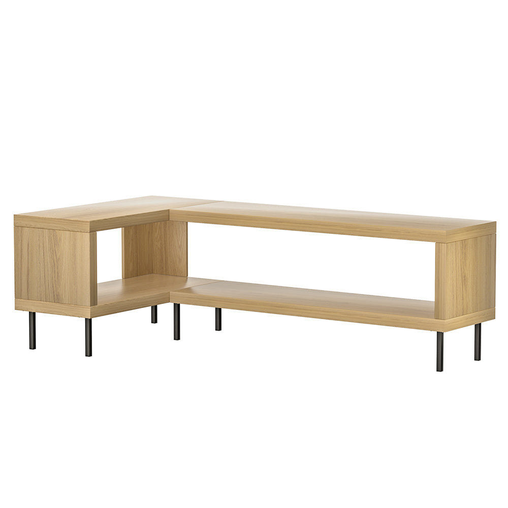 Wynyard pine L shaped corner TV cabinet with powder coated metal legs in a modern living room